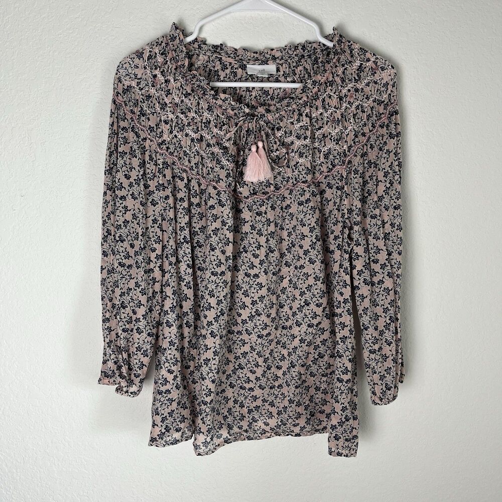 J Jill Shirt Womens XL  Floral‎ Blue Pink Crinkle Sheer Art Artsy Shirt Ladies